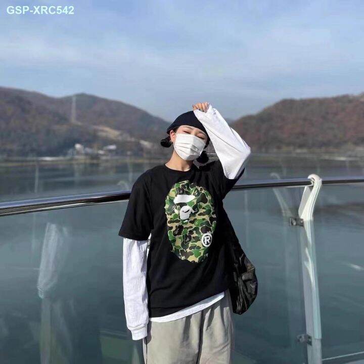 ✎ BAPE BAPE Classic Camouflage Ape-Man Head Round Collar Short Sleeve T- Shirt Printed Cotton Men's And Women's Summer Popular Logo Shark Half Sleeve  Unlined Upper Garment | Lazada