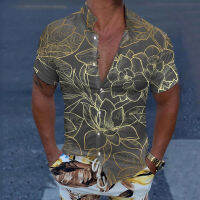 2023 Nation สไตล์ฤดูร้อนชายเสื้อ Golden Leaves พิมพ์คอปกแขนสั้นหลวม Hawaiian Henley Casual Shirt