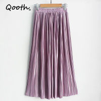 Qooth Summer Autumn Pleated Skirt 22 Colors Womens Vintage High Waist Green Skirt Solid Long Skirt Fashion Metallic Skirt QH2152