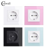 Coswall Wall Tempered Glass Panel Power Socket Grounded 16A EU Russia Spain Outlet With Children Protective Lock Electrical Circuitry  Parts