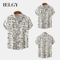 IELGY สไตล์รีสอร์ทเสื้อเชิ้ตแขนสั้นคอปกโปโลผู้ชายลายดอกไม้ผู้ชาย