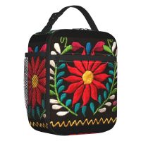 ▬ Custom Mexican Spanish Embroidery Flowers Lunch Bag Women Cooler Thermal Insulated Lunch Boxes for Children School