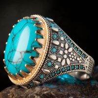 บุรุษรูปไข่จำลอง Turquoise Stone Statement แหวนผู้หญิง Retro Boho สไตล์2 Tone Alloy Band Rings