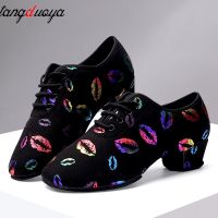 high heel dance shoes sneakers women ballroom latin dance shoes woman black close toe dancing shoes for women Lip print