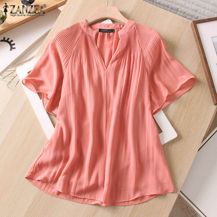 สินค้ามาใหม่-จัดส่งฟรี-fancystyle-zanzea-เสื้อจับจีบหลวมลำลองผู้หญิงแบบสวมหัวเสื้อคอวีแขนสั้นใส่ทำงานหรูหรา-2