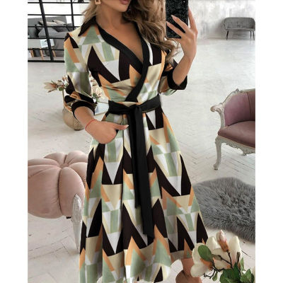 Elegant Fashion Geometric Printed Women Shirt Dress Office Lady 2021 New Casual V-Neck Cardigan Girl Long Dresses Oversize Tunic