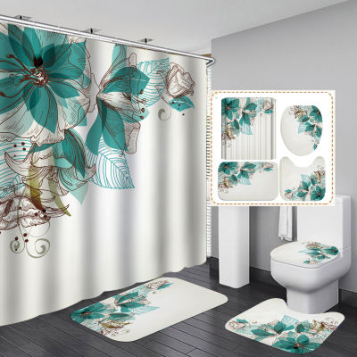 New Flower Series Printing Waterproof Polyester Shower Curtain,Toilet Cover,U-shaped Mat,Floor Mat 3 Pcs Set Bathroom Accessory