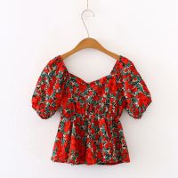 Floral print waist slimming ruffled hem bubble sleeve shirt shirt women