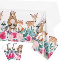 [Afei Toy Base]Woodland สัตว์ผ้าปูโต๊ะแบบใช้แล้วทิ้ง Forest Jungle Bear Fox Deer ตาราง Happy 1st Birthday Party Decor Baby Shower Kids