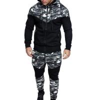 Men 2 Piece Pant Set Chic Camouflage Print Casual Sport Zipper Hooded Coat Pants Suit Tracksuit мужская куртка Protective Gear