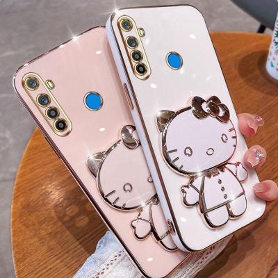 Folding Makeup Mirror Phone Case For OPPO Realme 5 Pro 5i 5S 6i C3 C3i Realme Narzo 10 20A  Case Fashion Cartoon Cute Cat Multifunctional Bracket Plating TPU Soft Cover Casing