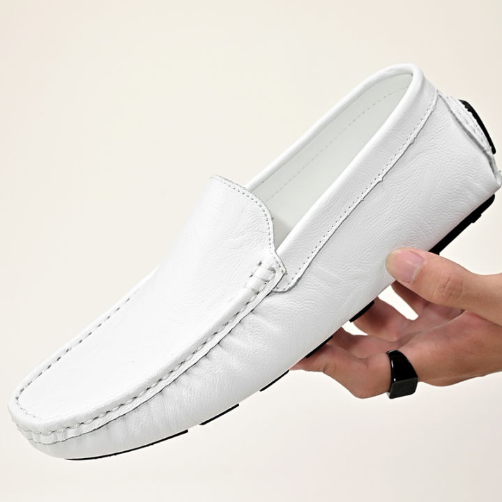 รองเท้าเรือแบบคลาสสิกสำหรับทุกวัน38-47รองเท้าสลิปออนรองเท้าโลฟเฟอร์รองเท้าหนังลำลองระบายอากาศสีขาว