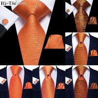 Solid Striped Orange Silk Wedding Tie For Men Hi-Tie Designer Handky Cufflink Gift Mens Necktie Fashion Business Party Dropship