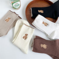 3 Pairs Lot Cotton Women Socks Set Bear Embroidered Kawaii INS Cartoon Girl Winter Summer Cute Casual Long Korea Soft White Pack