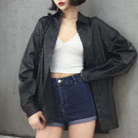 Spring Autumn Black Faux Leather Basic Coat New Women PU leather blouses Turn-down Collar Motor Biker Jacket