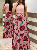 jkk 2023 European and style flower print matching short sleeved dress for womens large swing