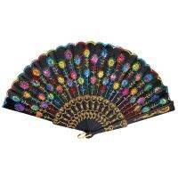 3X Colored Embroidered Flower Pattern Black Cloth Folding Hand Fan for Woman