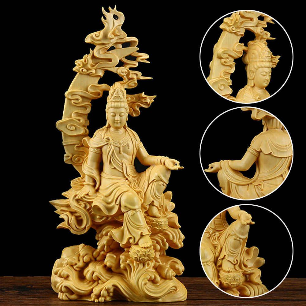 Collect China boxwood Hand carved Buddhism Guanyin Kwan-yin goddess statue 
