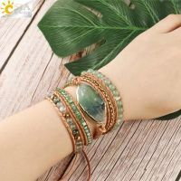 CSJA Natural Stone Bracelets Green Fluorite Crystal Aventurine Bead Leather Wrap Bracelet Multilayer Boho Jewelry Pulseira G118 Replacement Parts