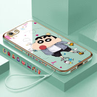 Serpens สำหรับ OPPO A59 F1S ฟรีสายคล้องน่ารักการ์ตูนดินสอสี Shinchan ปลอกลวดลายขอบสี่เหลี่ยมชุบเคสโทรศัพท์ชุบหรูหราเคสโทรศัพท์นิ่ม