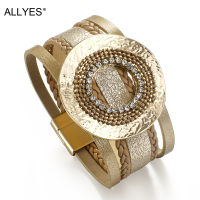 ALLYES Boho Big Metal Round Charm Genuine Leather celet for Women Fashion Crystal Metal Wide Wrap celet Biker Jewelry