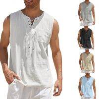 hot【DT】 95AB Mens Cotton Shirts Lace-Up Drawstring V-Neck  Top Sleeveless Beach Blouses with