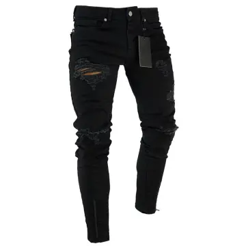Ripped Jeans for Men Stretchy Skinny Biker Embroidery Cartoon