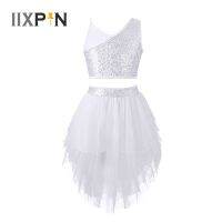 Kids Girls Ballet Dance Dress Outfit Sleeveless Sequins Crop Top With Mesh Tutu Skirt Set For Jazz Ballroom Dance Performance Dresses