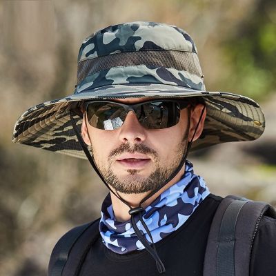 ：“{—— 2022 New Wide Brim Men Women UPF 50+ Camo Sun Hat Chin Strap Safari Summer Boonie Hat For Hiking Fishing