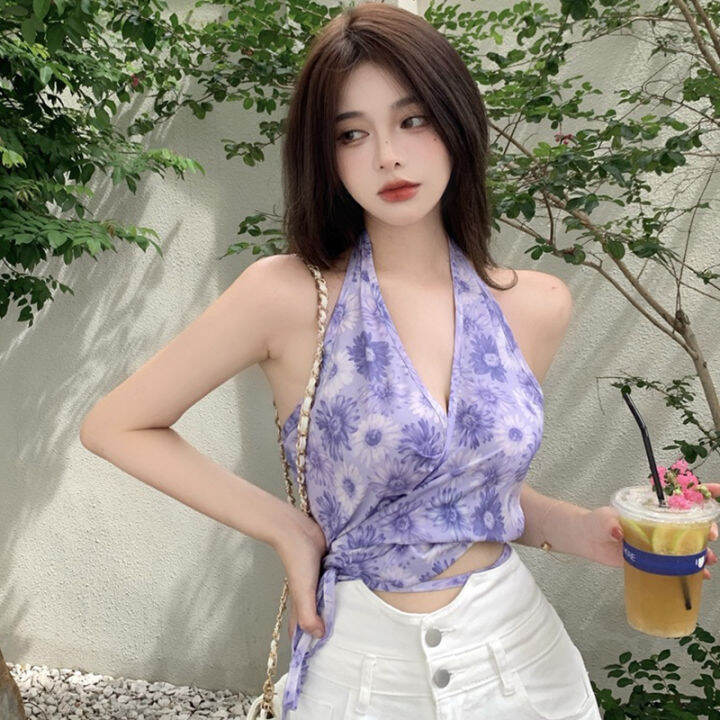ฤดูร้อนสวมใส่บริสุทธิ์ปรารถนาสาวฮอตสไตล์ฝรั่งเศสดอกไม้ผ้าพันแผลขนาดเล็กยกทรงหญิงด้านบนท่อแขนกุดเชือกแขวนคอความงามกลับtop