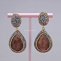 GG Jewelry White Pearl Druzy Quartz Crystal Brown Cats Eye CZ Paved Earrings