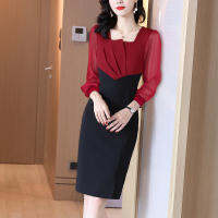 Spring Women Dresses Elegant Office Lady Square Collar Folds Long Sleeve Patchwork Sheath Vestidos Female Oversize Clothes