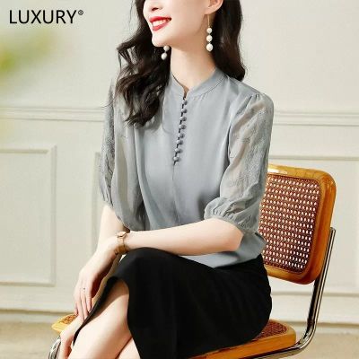 LUXURY Queen Silk Blouse Womens 2023 Summer New Stand Neck Lantern Sleeves Design Sense Age Reducing Embroidery Style Top