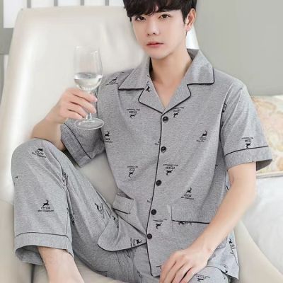MUJI High quality 100  cotton pajamas mens spring and autumn long-sleeved short-sleeved cotton plus-size youth home service mens cardigan suit