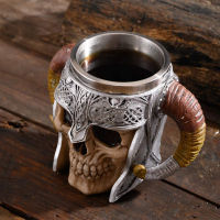 600ml Stainless Steel Skull Mug Resin Coffee Cup Retro Design Double Handle Big Horn Cup Creative 3D Realistic Style Decoration