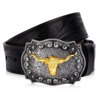 ₪  2023 Longhorn Buckle Mens Belts Fashion Punk Embossed Split Leather Male Jeans Shipping