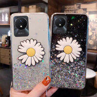 เคสโทรศัพท์ใหม่สำหรับ VIVO Y02T Y02A ฝาครอบ กากเพชรส่องแสงเป็นประกายระยิบระยับแสงดาวดวงจันทร์ดอกเบญจมาศซิลิโคนใสพับเป็นขาตั้งสำหรับ VIVO Y02T Y02A เคส