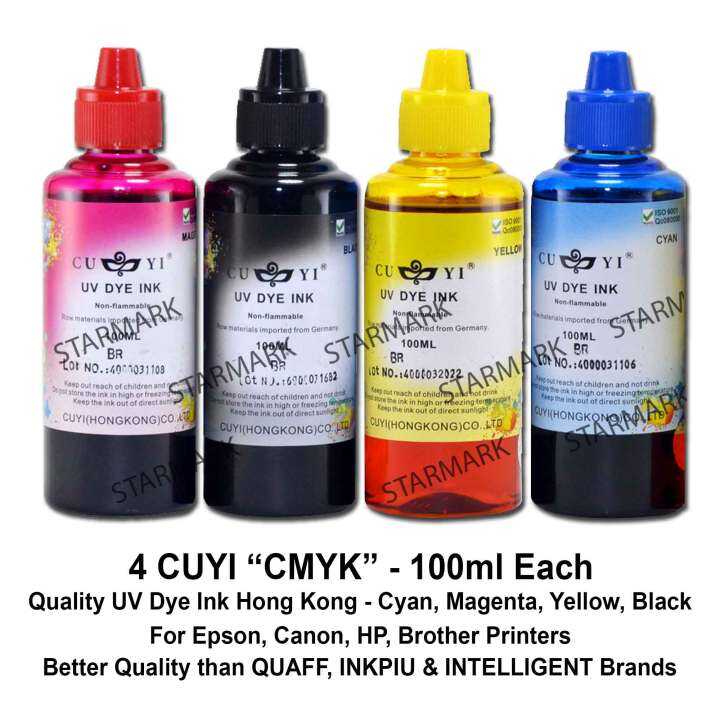 Cuyi UV Dye Ink Hong Kong Inks 100ml each 4 BOTTLES Red Continental CMYK, Universal Inks For