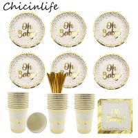 Lennie1 Chicinlife Gold Disposable Tableware Oh Baby Paper Plates Cups Napkins Birthday Party Cutlery Shower Gender Reveal Supplies