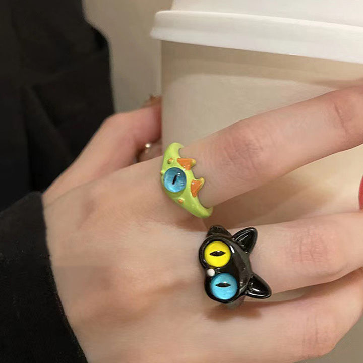 แหวนแฟชั่นคู่รูปแมวสีดำสำหรับผู้หญิง-แหวนมอนสเตอร์คู่รูปการ์ตูนตาโตตลกสำหรับงานแต่งงานแหวนประดับเครื่องประดับสุดหวาน