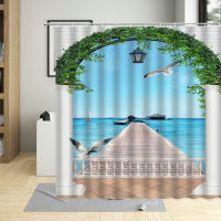 Window Scenery Shower Curtain Ocean Sandy Beach Bathroom Wall Hanging Curtains Blue Sea Sky Scenic Waterproof Screen Home Decor