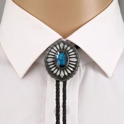 Vintage Western Bolo Tie blue stone decorative metal buckle Cowboy Leather Necktie Men 39;s Necklace Jewelry