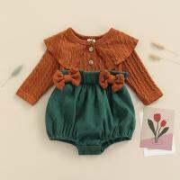 Baby Girls Fall Winter Corduroy Patchwork Romper Long Sleeve Ruffles Doll Collar Ribbed Knitted Jumpsuits Casual Clothes