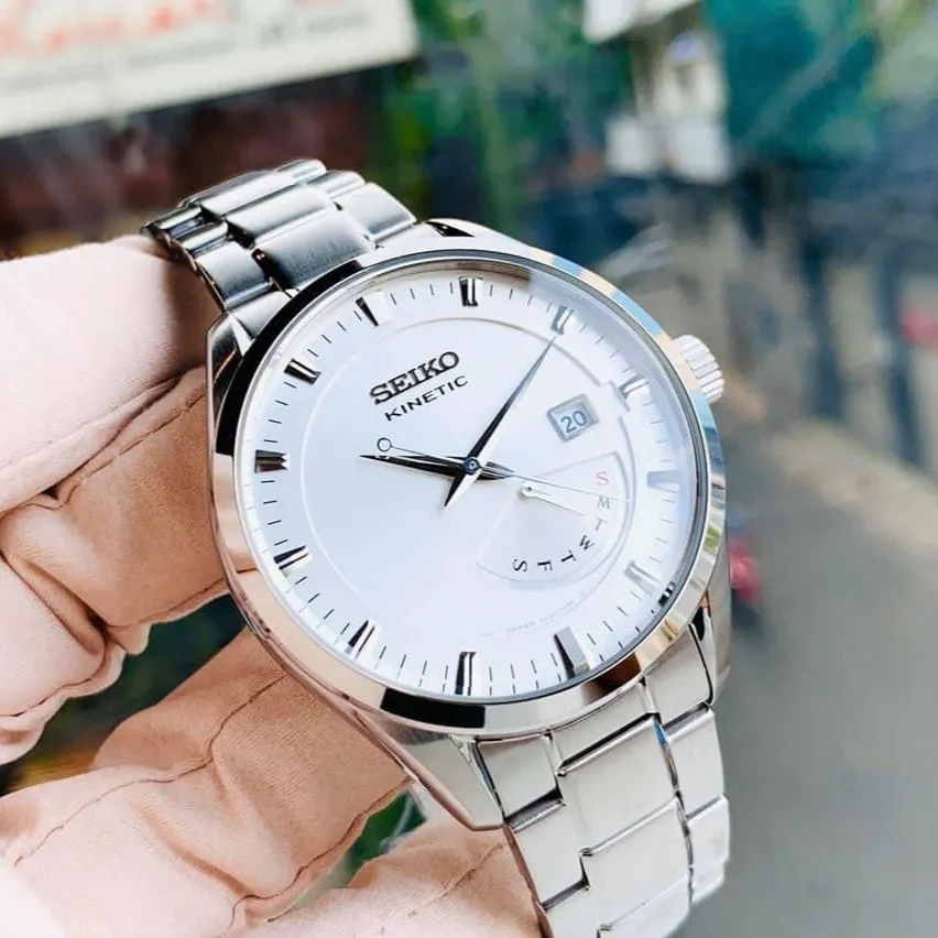 Đồng hồ Nam chính hãng Seiko Kinetic Solar SRN043P1 Automatic Size 42,Mặt  trắng,Lịch thứ ngày-Máy cơ bán tự động-Dây kim loại thép cao cấp 