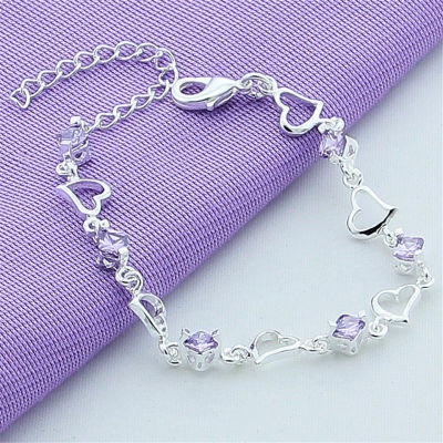 Fashion 925 Silver Bracelet For Women Heart Purple Crystal Zircon Bracelet Jewelry Gift Feminina