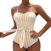 【LZ】❣♚  Uma peça de maiô para as mulheres listra plissada off-the-ombro push-up monokini roupas de praia