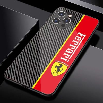 เคสสำหรับไอโฟนโทรศัพท์กันกระแทก Ferrari 14 /Pro/plus/Pro Max/ 13/12/11-กระจกป้องกัน