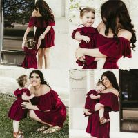 【YF】 NASHAKAITE Summer Mom and daughter Dress Ruffles Sexy Off Shoulder Red Wine Dresses For Mother Daughter Mum And Clothes