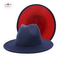 QBHAT British Navy Blue Red Patchwork Felt Jazz Hat Cap Men Women Flat Brim Wool Blend Fedora Hats Panama Trilby Vintage Hat