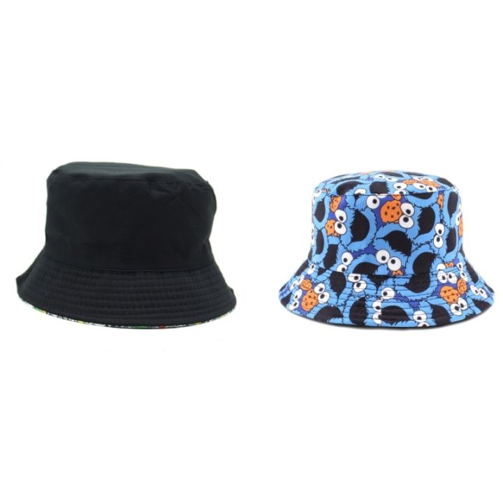 หมวกถังซัมเมอร์ฮิปฮอปพิมพ์ลายการ์ตูนผู้ชาย-หมวกชาวประมงแนวสตรีทสวมหมวกสองด้านสำหรับผู้หญิงหมวกชายทะเลหมวกปานามาทุกเพศ